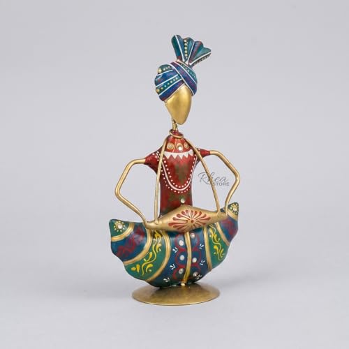 Image of Rajasthani Mini Sardar Musician Showpiece with Dholak Instrument, Metallic Traditional Table Decor Item for Corporate Bulk Gifting and Office Desk Ornament (2x10x16 cm)
