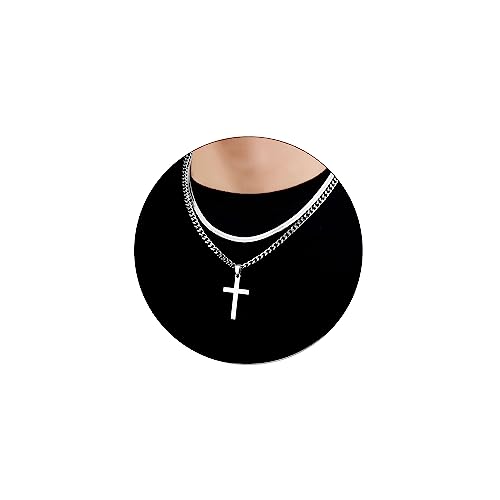 Layered Cross Necklace for Men Boys Stainless Steel Layered Snake Chain Cuban Link Chain 16-24 inch Christian Cross Pendant Religious Jewelry Gifts