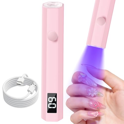 Krofaue UV Nail Lamp Handheld with LCD Display & 20/60s Timer 180mAh Rechargeable Nail Lamps for Gel Polish Home DIY & Salon Use (Pink)
