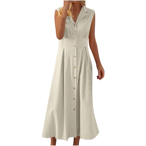 Generisch Damen Sommerkleider Casual Swing Elegant Midi Kleid Ärmellos Lockeres Langes Maxikleid Wickelkleid Creme