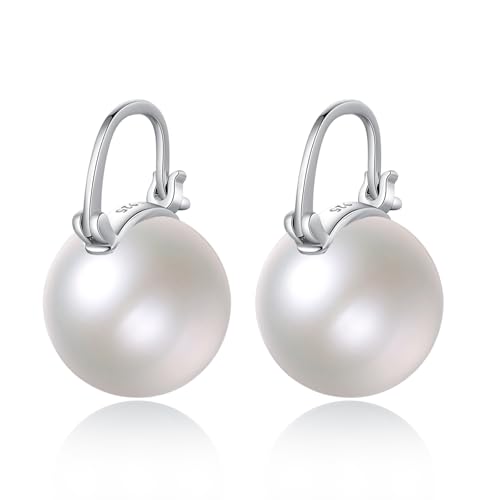 Pearl Earrings for Women 925 Sterling Silver White Gold Pearl Drop Earrings Dangle Cubic Zirconia Large Size 12mm 10mm for Mother (Silver, 12mm Big Pearl)