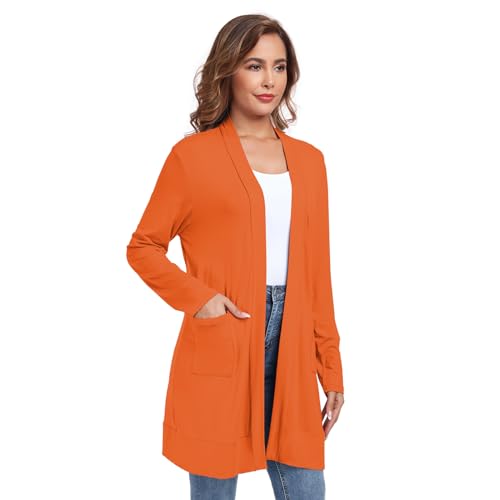 TownCat Damen Strickjacke Lang Mit Taschen Langarm Offener Strickmantel Cardigan Damen Lang Elegant Dünn Kultivieren Lässig Leichte Belüftung Orange L