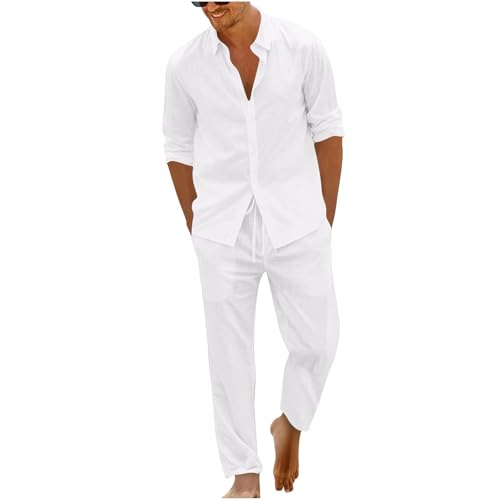 Sinzelimin - Men Cotton Linen Blouse Top Beach Pants 2PC Set Plus Size Long Sleeves Button Lapel Shirts Wide Leg Sweatpant Suit White Medium