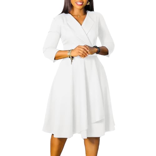 Elainone Women 3/4 Sleeve Casual Swing Flared A Line Dress Wedding Guest Semi Formal Office Work Dresses with Belt3