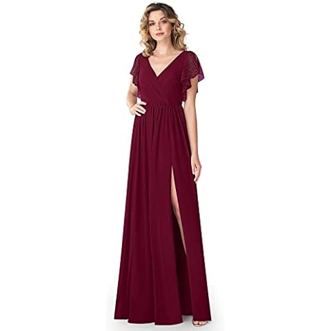 Lecureler Prom Dress Side Slit Butterfly Sleeve Burgundy Size 10 Cover