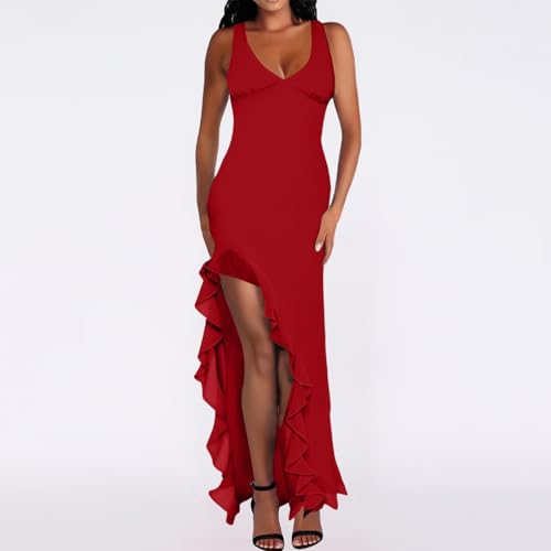 GOKKILRW Women's Party Bodycon Dress 2025 Sexy V Neck Mesh Ruffle Side Split Cocktail Wedding Guest Maxi Dresses2