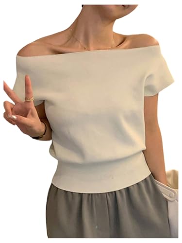 WDIRARA Women's Off The Shoulder Tops Casual Short Sleeve Tunic T Shirts Lightweight Knit Sweaters