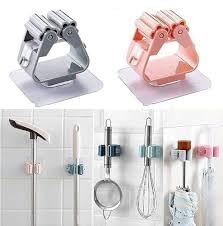 Image of Wall Mount Broom Holder, Self Adhesive Hooks, Waterproof Plastic Storage for Bathroom & Kitchen, Multicolour