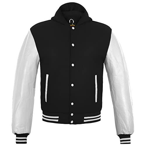 Image of Deckra Men's Varsity Jacket Genuine Leather Sleeve and Wool Blend Letterman Boys College Varsity Jackets with Hood XXS-5XL