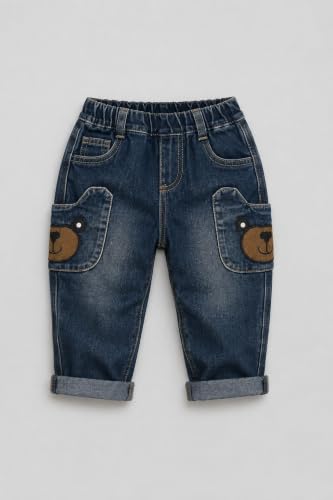 Image of A.T.U.N. (ALL THINGS UBER NICE) Baby Boys Stylish Denim Jeans Pant with Cute Keychain Charm | Soft Stretchable Fabric with Elastic Waistband | Comfortable Trendy Full Length Jeans for Infants