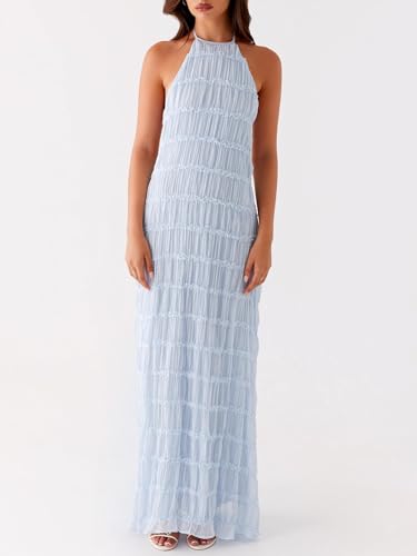 Image of Women Y2k Backless Long Dress Halter Tie Neck Maxi Dress Flowy Beach Sundress Summer Streetwear