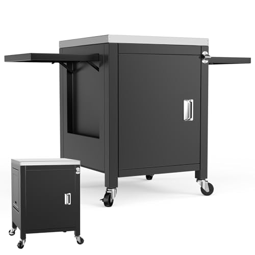 Denmay Grilltischwagen Outdoor Küchenwagen mit 2 klappbaren Seitentischen Tragbarer Grillwagen für Onni Pizzaöfen Grillständer für Ninja Woodfire und Weber Q Serie Praktischer Gartenschrank