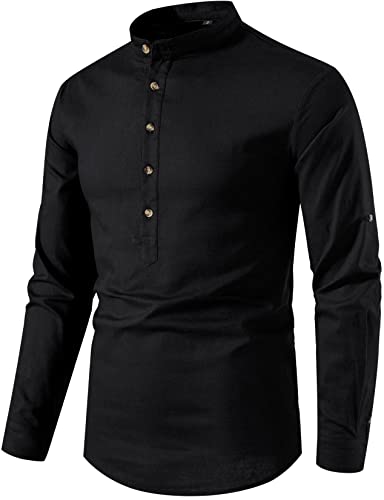 LucMatton Men's Casual Cotton Slim Fit Henley Shirt for Scottish Victorian Style Matching/Linen-Like Fabric,Not See Through