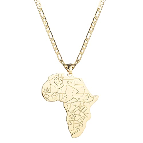Collar con colgante de mapa de África chapado en oro de 14 quilates para mujeres y hombres, cadena de fígaro plana de 3 mm, colgante de mapa africano de acero inoxidable, Acero inoxidable, Sin gemas Cover