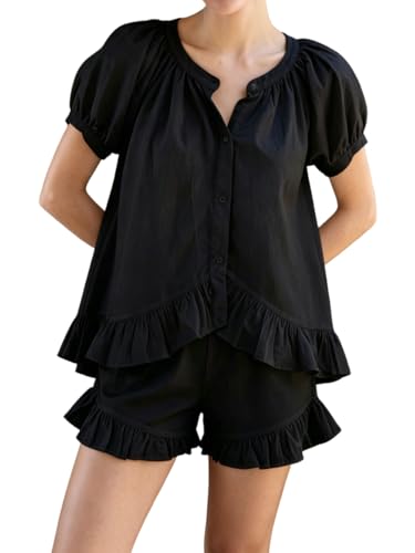Image of Womens Ruffle Pajama Set Short Sleeve Button Down Top and Shorts | Cotton Ruffle Pajamas Set, Ruffle Shorts Set Women, 2 Piece Shorts Set for Women
