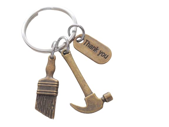 Bronze Hammer & Paint Brush Charm Keychain with Thank You Tag, Builders, Construction Team, Contractor, Handyman Appreciation Keychain