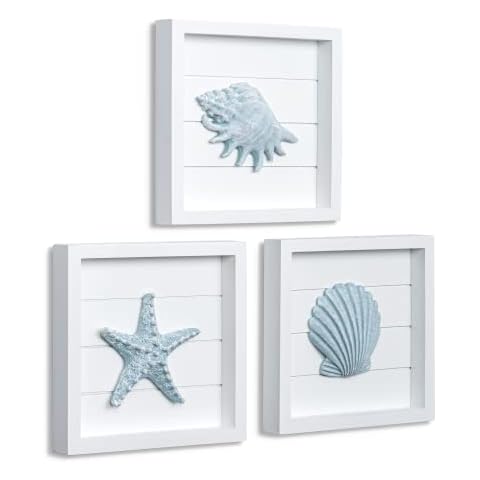 TideAndTales Blue Seashells and Starfish (Framed Set of 3) Coastal 3D Wall Art, Beach Wall Decor for Bathroom or Coastal Bedroom, Ocean Inspired Beach Decorations for Home or Beach House Cover