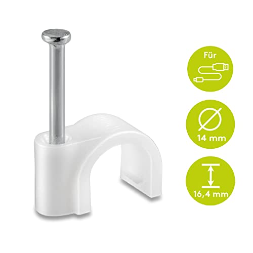 100x Kabelschelle | 14 mm | Nagelschelle Kabelklemme Kabelhalter Haftclips mit eingestecktem Nagel | Höhe: 16,4 mm | Weiß | 100 Stück