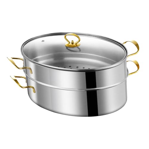 Baoblaze Oval Fish Steamer Fish Poacher Portable Oven Roaster Roasting Pan Steaming Pot for Cornbread Seafood Potatoes Vegetables Eggs, Gold Double Layer