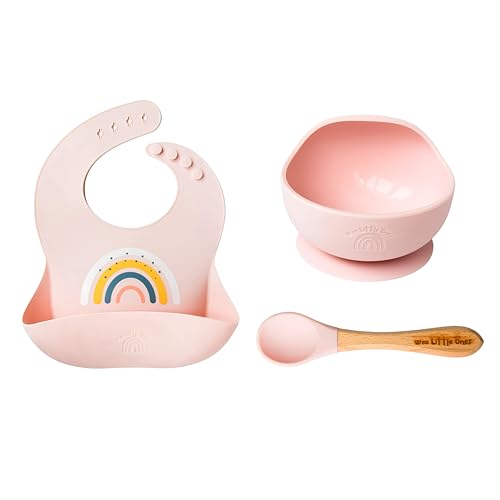 Wee Little Ones Silicone Rainbow Baby Bibs & Suction Bowl Set: BPA-Free, Adjustable Bib with Large Food Catcher Pocket + Premium Utensils for Babies & Toddlers (6-36 Months), Pink