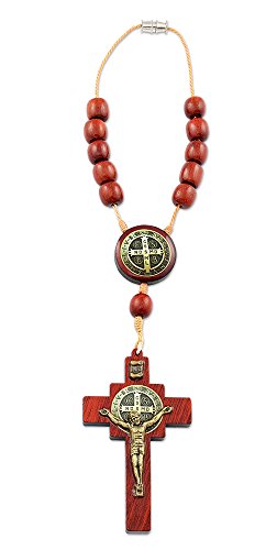 Catholica Shop Saint Benedict Car Rearview Mirror Wood Decade Rosary with Crucifix Cross - 8.5 Inches