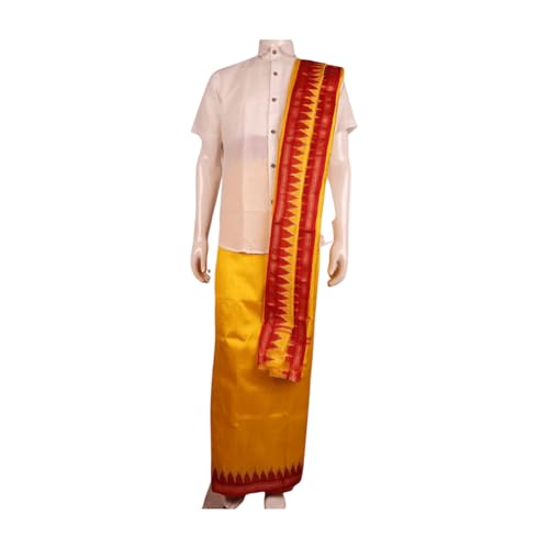 Image of Authentic Sambalpuri Handloom Cotton Unstitched Dhoti with Utari for Men | Traditional Odisha Weave Ikat Dhoti for Festive & Religious Wear