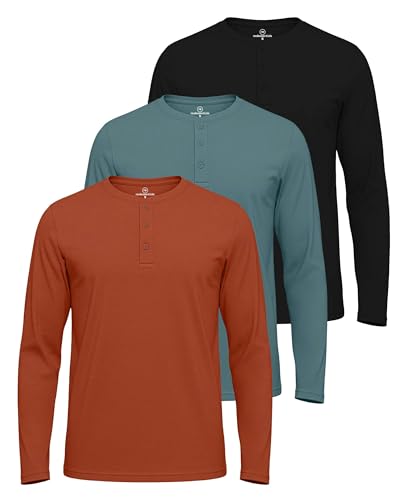 Image of Real Essentials 3 Pack: Mens Casual Long & Short Sleeve Cotton Henley Lightweight Button T-Shirt, Long Sleeve - Set