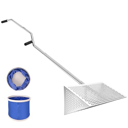 Sea Flea Rake for Beach - Premium 304 Stainless Steel Sand Sifter w 48 Ergonomic Curved Long Handle Beach Sifter w Large Basket w Curved Teeth Sand Crab Catcher for Shark Teeth Shells