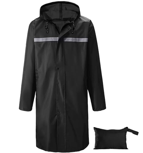 Men’s Waterproof Hooded Raincoat, Lightweight Packable Windproof Long Rain Jacket with Reflective Strip
