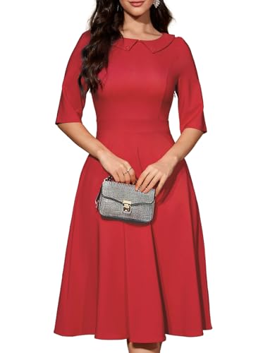 Bbonlinedress Rotes Kleid Damen Knielang festliches Kleid Kurzarm Vintage Retro Rockabilly Cocktailkleid Abendkleider elegant für Hochzeit Red L-1