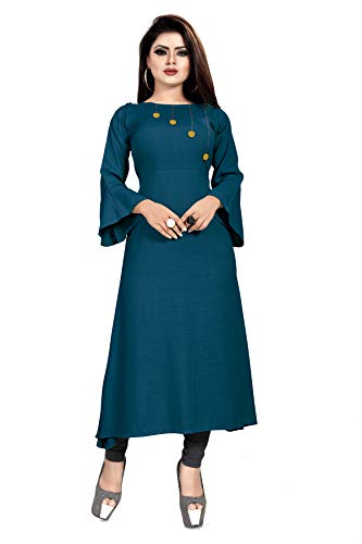 Image of Cotton Plain & Solid 3 /4 Sleeve A-Line Kurtis for Women