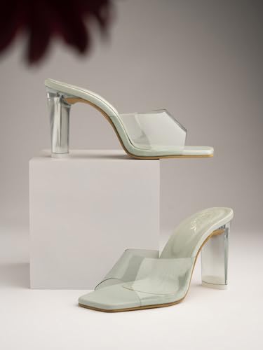 Image of Shoetopia Women's Transparent Block Heels | Stylish Square Toe Slip-On Party Comfortable Sandals