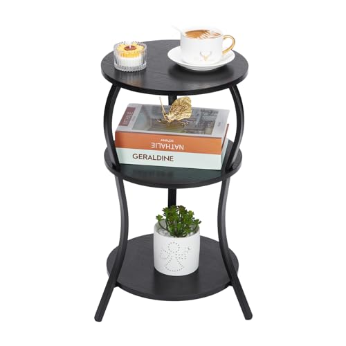 Vintage Small Round Side Table, 3-Tier Slim Waist Circular End Table with Storage Shelf, Compact Tea Sofa Side Table, Round Corner Coffee Table Nightstand for Living Room Bedroom Small Spaces,Black