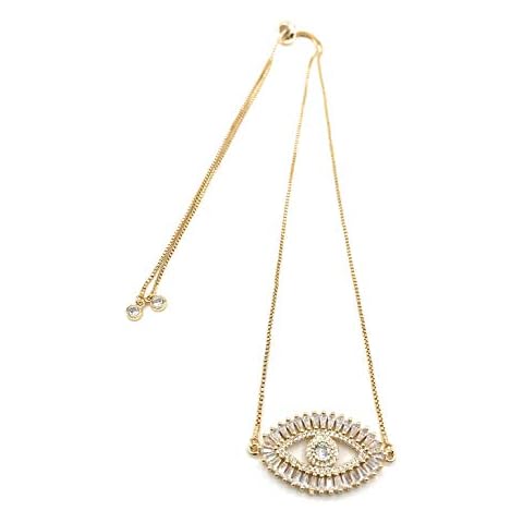 LESLIE BOULES Gold Evil Eye Necklace 18K Gold Plated Sliding Adjustable Chain Choker Jewelry Cover