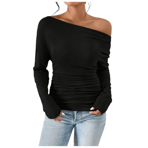 Camiseta de manga corta para mujer con hombros descubiertos, manga larga, asimétrica, ajustada, para salir, otoño, blusa fruncida, camisas, blusa de invierno para mujer, Negro , S