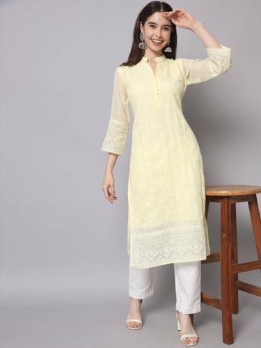 Image of Ekasya Women's Georgette Embroidered Work Kurta with Notch Neck 3 /4 Sleeves Straight Cut Calf Length | E1547