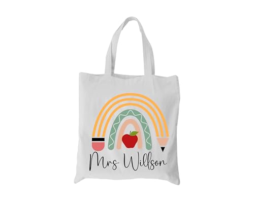 Bolso tote personalizado para maestro con diseño de arco iris y manzana miniatura 2