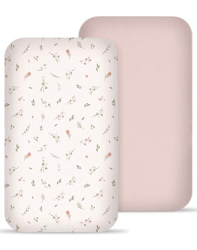 Image of Muslin Bedside Bassinet Sheets 2 Pack, 33x20 Fitted Ultra Soft & Breathable Bedside Sleeper Sheets, Ideal for Baby Girl and Boy, Perfect for Newborns (Petal Leaf & Pink)