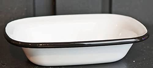 Happy Deals ~ M9521 Vintage Enamel Soap Dish | White With Black | Farmhouse Style Bathroom Bowl cover