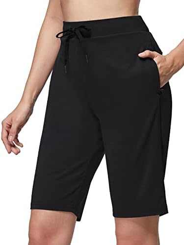 BALEAF Women's 10" Golf Bermuda Shorts with Zipper Pockets Long Hiking Shorts UPF 50+ Quick Dry Black M