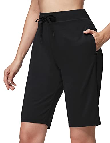 Baleaf Women's 10" Golf Bermuda Shorts With Zipper Pockets Long Hiking Shorts Upf 50+ Quick Dry Black M #TOP3