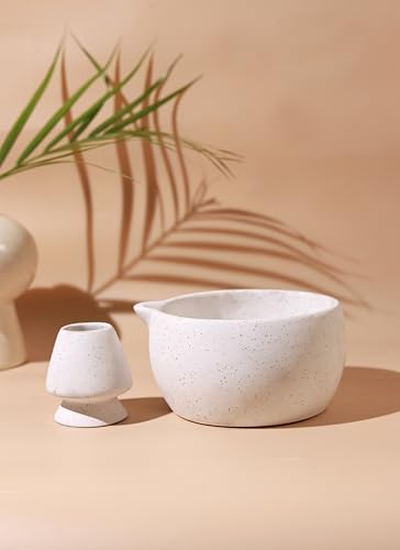 Image of Craftribal Handmade Ceramic Solid Matcha Bowl with Whisk Holder - Pottery Chawan for Japanese Tea Ritual, Matcha Lovers & Gifting|Bowl - 5.5 inches|Holder-2.5 inches|Color-White