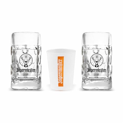 Jägermeister 2 Stück 4cl Mini-Krug Schnaps-Glas Schnaps-Gläser Shot-Glas Shot-Gläser mit Henkel und Logo inkl Kunststoff-Probierbecher gratis