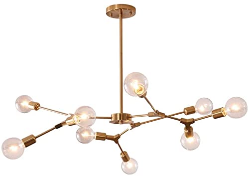 9-Lights Modern Sputnik Chandelier Brushed Brass Hanging Lamp Industrial Flush Mount Ceiling Light Fixture Adjustable Hanging Lamp for Living Room