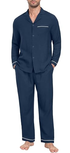 PrinStory Men's Pajamas Set Sleepwear Pjs Lightweight Long Sleeve Button Down Notched Collar Pajama Comfy Sleep Sets S-2XL