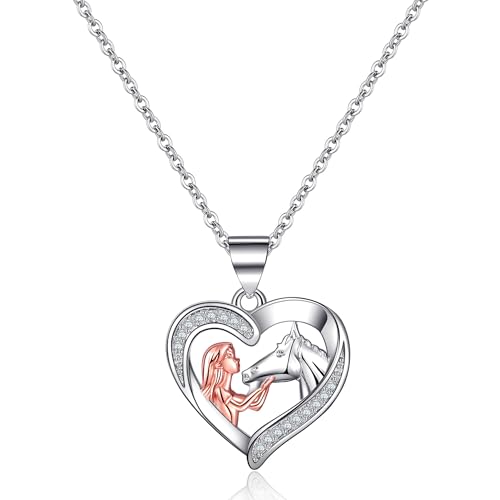 MOROTOLE Pferdehalskette für Mädchen Sterlingsilber-Halskette für und Pferd, Zirkonia-Halskette mit Pferdeherzanhänger, Pferdegeschenke für Mädchen