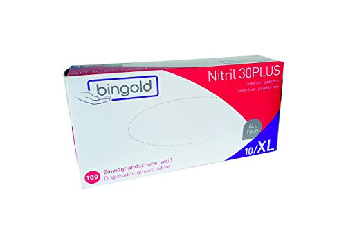 Preisvergleich Produktbild Nitrilhandschuhe Bingold 30Plus Weiß Latexfrei 100 Stück Box (XL), Einmalhandschuhe Nitril, Einweghandschuhe, Untersuchungshandschuhe, Nitril Handschuhe, puderfrei, latexfrei, disposible Gloves