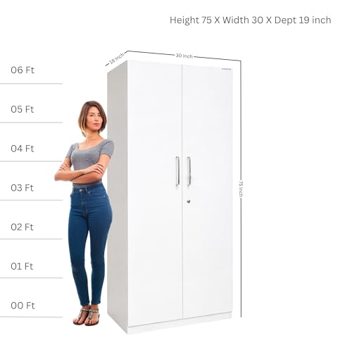 Image of AAVATAR 2-Door Wood Wardrobe with Shelves and Hanging Space for Bedroom, Wood Wardrobe for Clothes, 2 Door Wardrobe Without Mirror (Colour - White, Size 75 X 30 X 19 Inch)