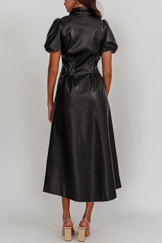 Womens Faux Leather Lapel Collared Pleated Button Down Short Sleeve Tunic Midi Dress Casual A-line Long Dress4
