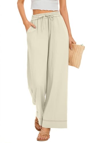 Image of KICZOY Women Flowy Pants Drawstring Waist Wide Leg Palazzo Beach Pants Loose Fit with Pockets
